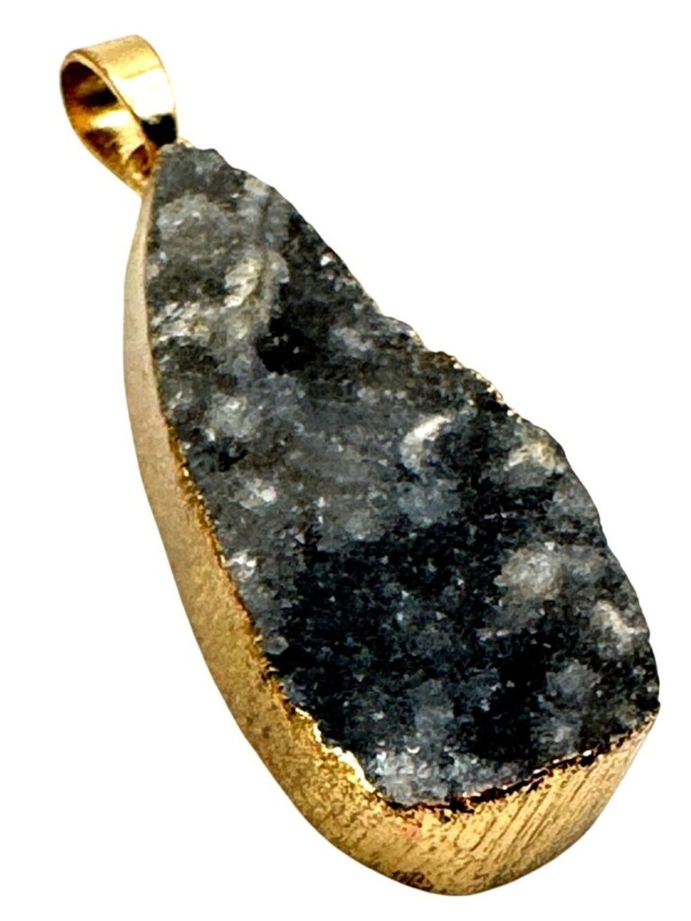Natural Stone Black Druzy Crystal Pendant Gold Trim Earthy Drusy Geode